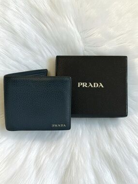 Prada Bifold Wallet Saffiano Leather Navy Card Holder Coin Pocket Mens